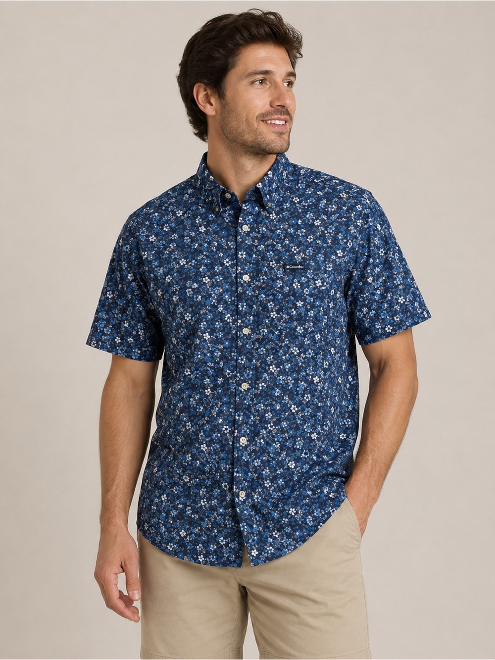 NWT Columbia Rapid Rivera Floral Short Sleeve Button Down Mens Cotton Navy White